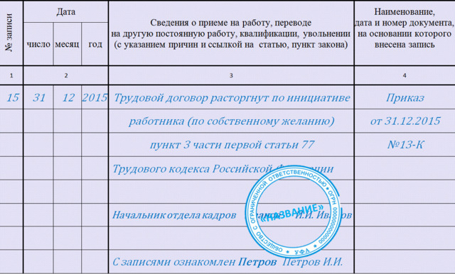 Увольнение в связи с выходом на пенсию в 2020 году: запись в трудовой книжке, образец заявления