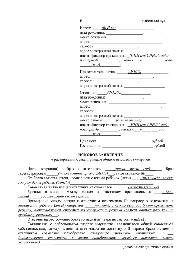 Куда подать на развод при наличии спора о разделе имущества супругов: подсудность, образец заявления, судебная практика