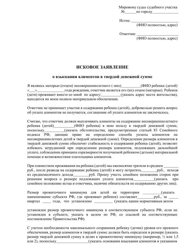 Алименты в твердой денежной сумме: пошаговый порядок подачи иска, образец искового заявления 2022 года