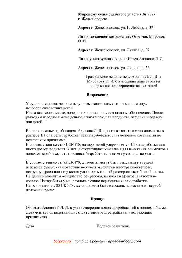 Возражение на исковое заявление о взыскании алиментов: образец 2022 года