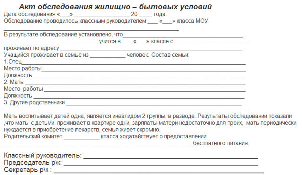 Акт обследования жилищно-бытовых условий (образец, бланк): заполнение