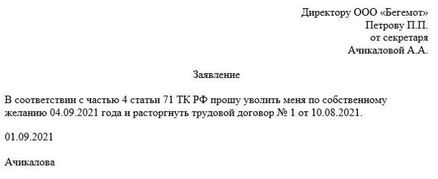 Увольнение по собственному желанию на испытательном сроке (ТК РФ): порядок, особенности, образец заявления