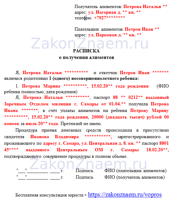 Расписка о получении алиментов на ребенка образец 2023