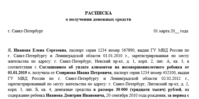 Расписка о получении алиментов на ребенка образец 2023