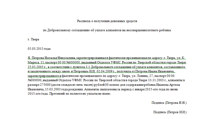 Расписка о получении алиментов на ребенка образец 2023