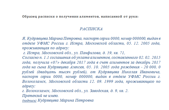 Расписка о получении алиментов на ребенка образец 2023